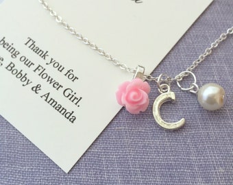 Flower Girl, rose necklace, initial, personalized card, JEWELRY box.