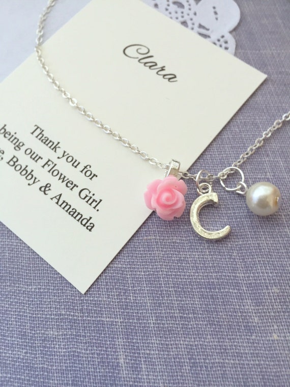 Flower Girl, rose necklace, initial, personalized card, JEWELRY box. Il_570xn