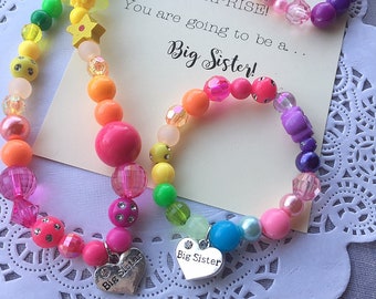 Big Sister necklace set, mismatched PASTEL rainbow jewelry set, Big Sister announcement, Big Sister jewelry, Rainbow jewelry, necklace.