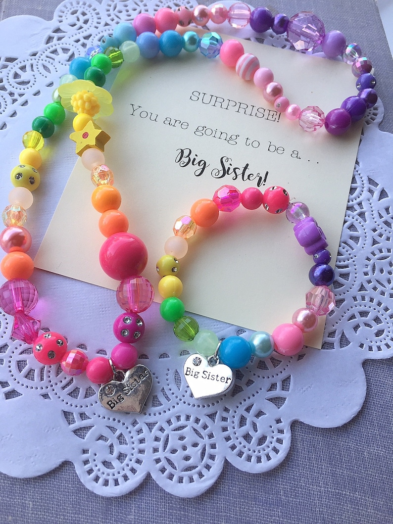 Big Sister necklace set, mismatched PASTEL rainbow jewelry set, Big Sister announcement, Big Sister jewelry, Rainbow jewelry, necklace. image 1