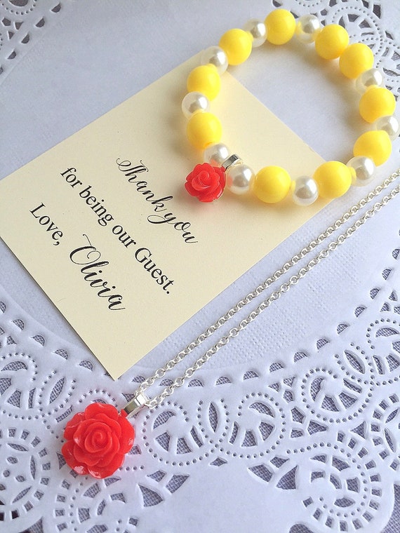 Beauty and the beast inspired jewelry set, necklace bracelet set, Kids birthday party favor, red rose bracelet, beaded bracelet. Set of TEN. Il_570xn