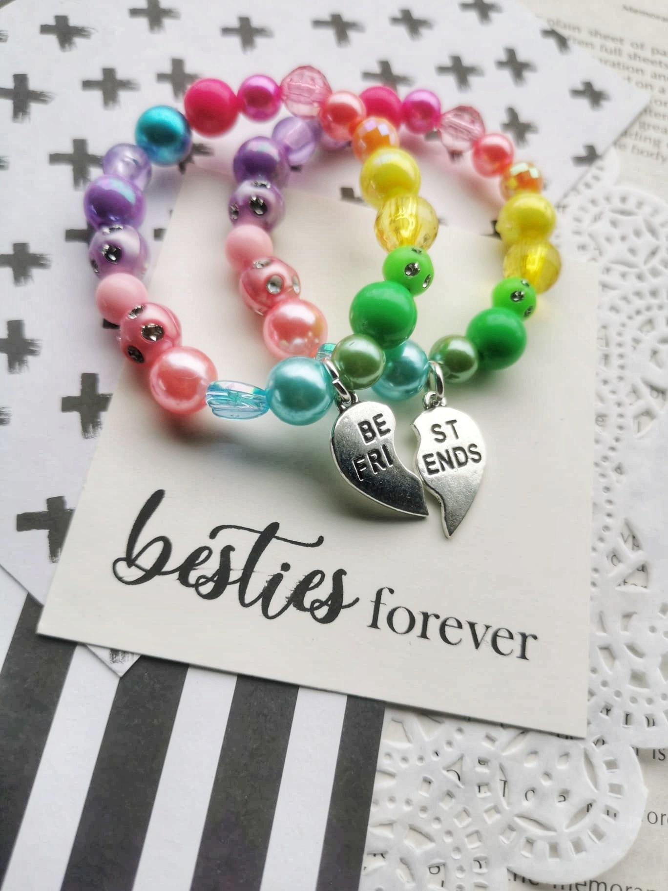 Rainbow Best Friends Bracelet, Heart Charms, Best Friends, Friendship, Besties, Classmate Gift, Kids Bracelet. One Set of Two Bracelets., image size:1368x1824