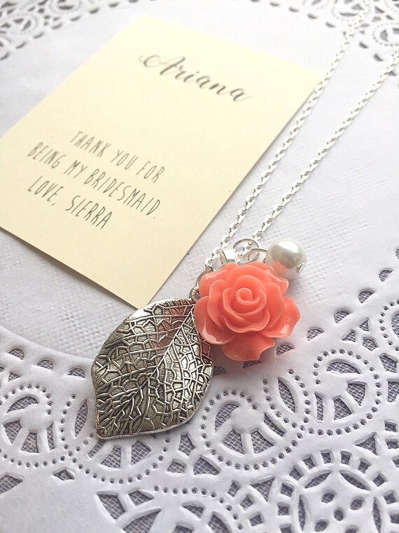 Leaf rose necklace, Bridesmaid necklace, bridal wedding gift. Comes with FREE personalized notecard and jewelry box. Il_570xn