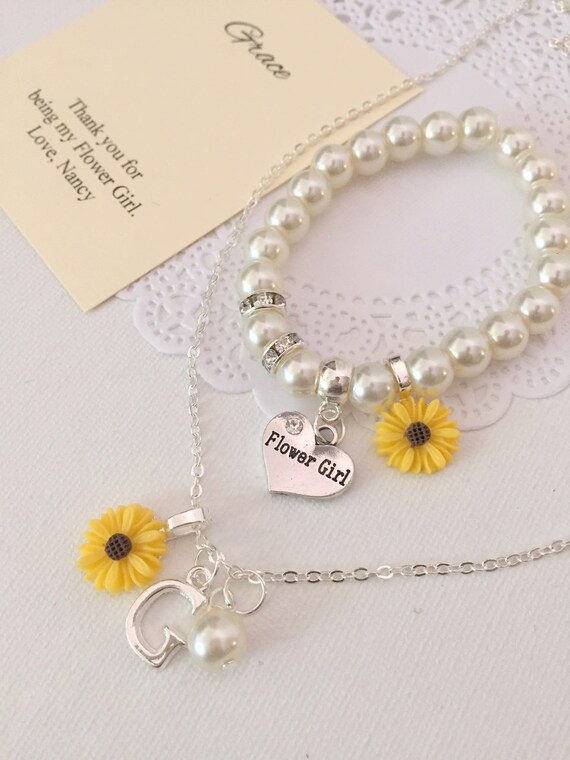 Sunflower, sun flower, NECKLACE and BRACELET set, kids, flower girl, flowergirl. Comes with jewelry box and card. Il_570xn