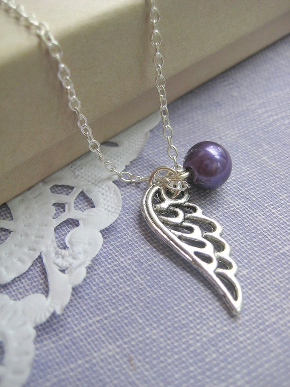 Miscarriage, infant, pregnancy loss, remembrance necklace. Single angel wing glass pearl birthmonth. CHOOSE your month. Il_570xn