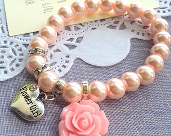Blush pink rose Flower girl bracelet, flower girl jewelry, glass pearl bracelet. Comes with FREE personalized card and organza bag.