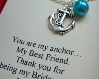 Anchor Bridesmaids Gift Necklace, Free Personalized Card Jewelry Box. Other Pearl Color Available.