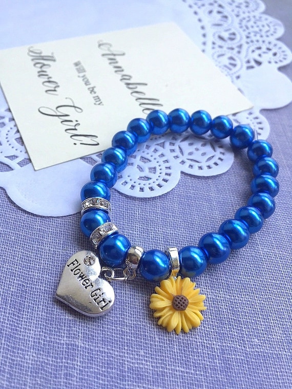 Sunflower bracelet, sunflower jewelry, flower girl bracelet, sunflower wedding, pearl bracelet, navy blue bracelet, FREE card. Il_570xn