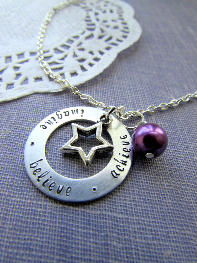 Imagine. Believe. Achieve. Star, washer, handstamped necklace. Graduation, motivational, encouragement jewelry. image 1