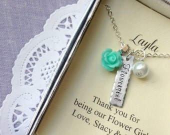 Flower girl gifts, small sized rose necklace. Comes with FREE personalized notecards, free jewelry box.