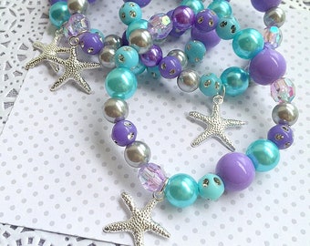 SET of TEN. Starfish bracelet, Mermaid party, jewelry favor, kids, stretchy, bracelet, ocean inspired, aqua, turquoise.
