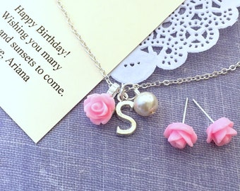 Rose, initial, flower, necklace, matching earring, set, BIRTHDAY card, jewelry box.