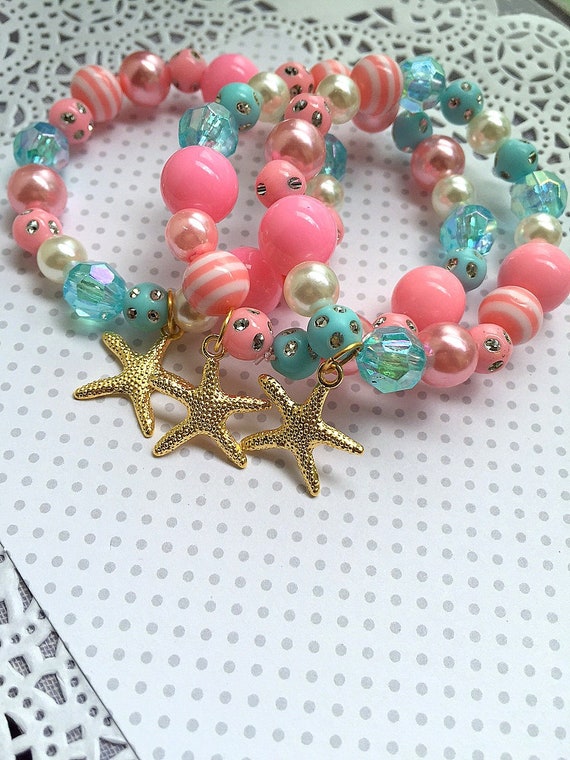 SET of TEN. Starfish, mermaid birthday party favor, jewelry favor, beaded bracelet, kids bracelet. Il_570xn