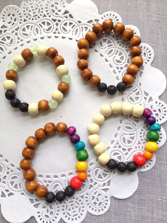 SALE, SET of TWO. Essential Oil Diffusing, Aromatherapy, wood beads, children, kids, stretchy, bracelet. Rainbow pattern, volcano lava rock. Il_570xn