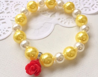 SET of TEN, Beauty and the beast inspired, Kids birthday party favor, red rose bracelet, beaded bracelet, childrens bracelet.