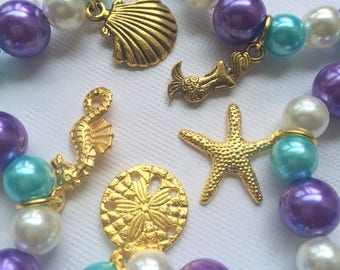 Mermaid, starfish bracelet set, GOLD plated, mixed charm set. SET of 10 ( 2 of each). Kids birthday party, birthday favor.