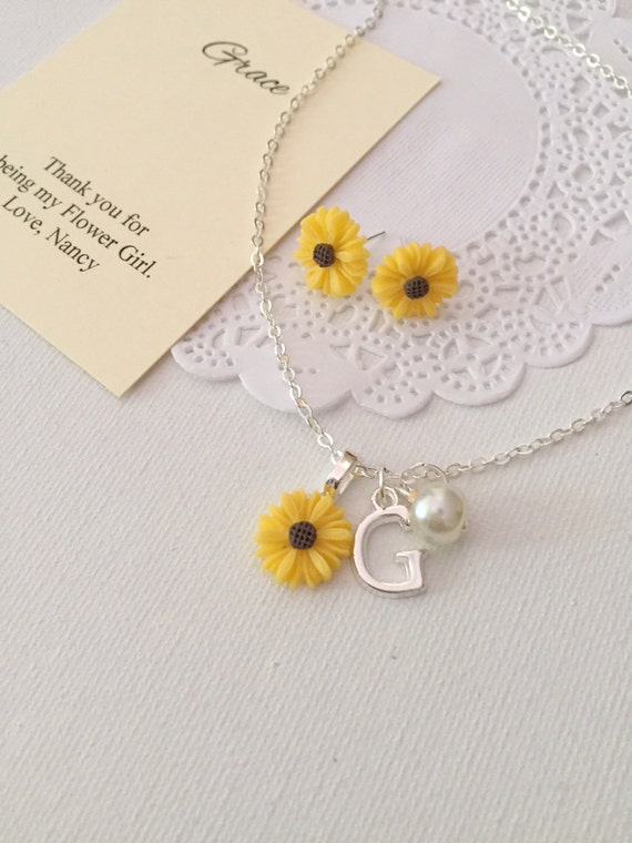 Sunflower, sun flower, EARRING and NECKLACE set, kids, flower girl, flowergirl. Comes with jewelry box and card. Il_570xn