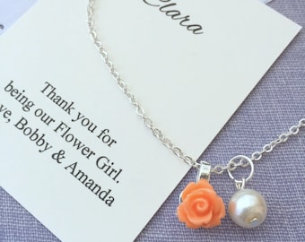 Flower girl necklace, personalized, rose, FREE notecard and JEWELRY box.