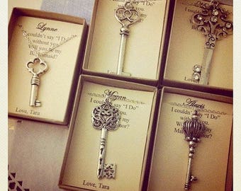 Skeleton Key necklace, key gift, bridesmaid key jewelry. Comes with personalized card and jewelry box.