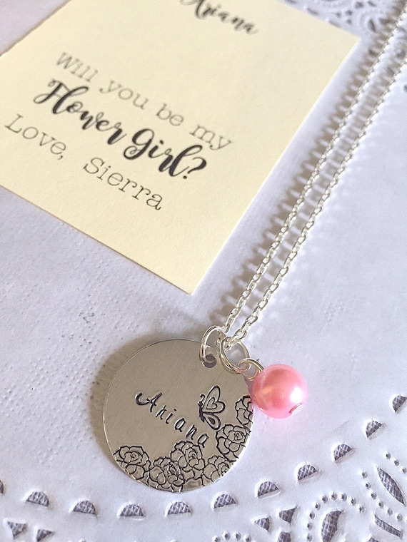 Flower girl necklace, name necklace, name jewelry, butterfly necklace, butterfly jewelry. FREE personalized notecard, organza bag. Il_570xn