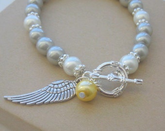 Miscarriage, loss, angel, wing charm, silver, white glass pearls bracelet. CHOOSE month.