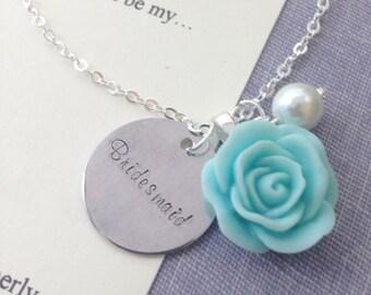 Rose, handstamped, Bridesmaid necklace. Comes with FREE personalized Notecard, Jewelry Box.