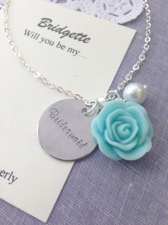 Rose, handstamped, Bridesmaid necklace. Comes with FREE personalized Notecard, Jewelry Box. Il_570xn
