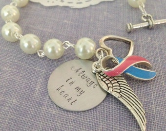 Bracelet. Loss, miscarriage, infertility, pregnancy loss, awareness, blue, pink, angel wing, always in my heart.