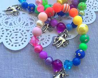 Silver Unicorn bracelet, rainbow jewelry, MISMATCHED rainbow bracelet. kids birthday party, rainbow party. SET of TEN.