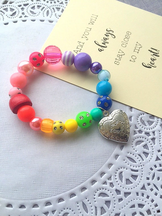 Locket bracelet, kids locket, heart locket, locket jewelry, rainbow bracelet, rainbow jewelry, kids birthday gift. Il_570xn