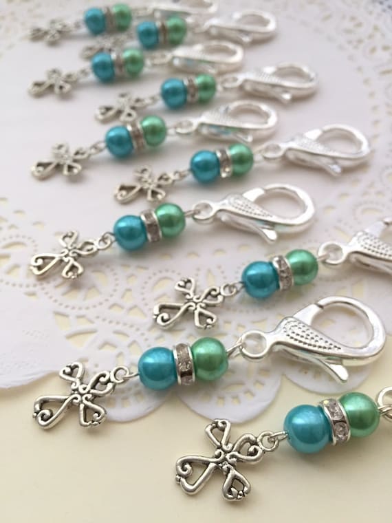 Communion, baptism, keychain, purse clip, party favor, cross charm. SET of TEN. Choose color. Il_570xn