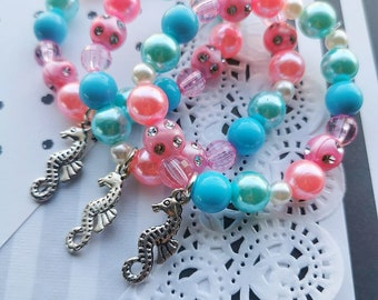 SET of TEN Under the sea, beaded bracelet, party favor, kids birthday party favor, children jewelry, mermaid party, seahorse bracelet.