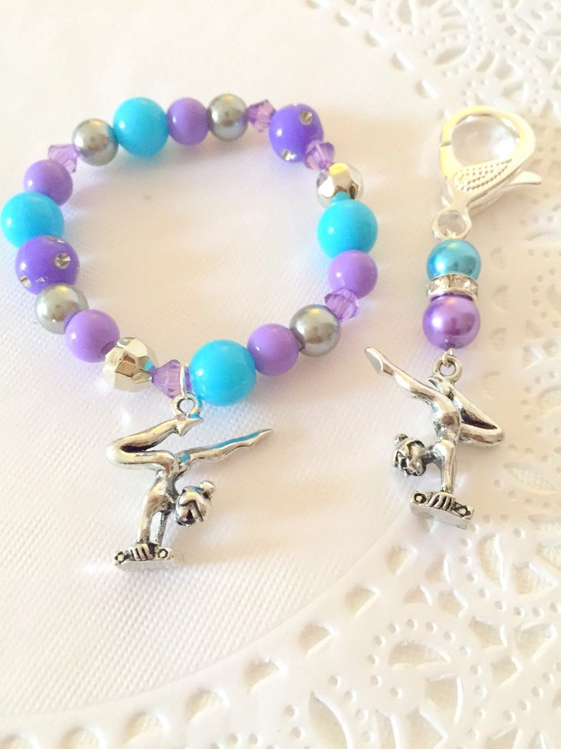 Gymnastics bracelet, gymnastics keychain, set, kids jewelry, purple, blue, backpack clip, beaded bracelet. image 1