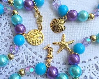 SET of TEN, Mermaid bracelet, starfish bracelet set, GOLD plated, mixed charm set, kids birthday party, birthday favor.