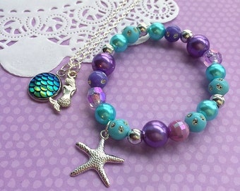 Mermaid necklace bracelet set, mermaid jewelry set, mermaid party favor, mermaid birthday, mermaid kids party, starfish. SET of TEN.