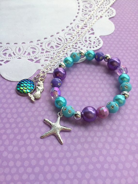 Mermaid necklace bracelet set, mermaid jewelry set, mermaid party favor, mermaid birthday, mermaid kids party, starfish. SET of TEN. Il_570xn