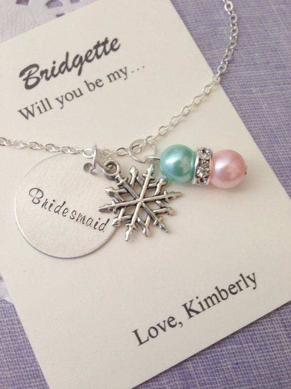 Snowflake, ask Bridesmaid, Flower girl, Handstamped charm necklace. Other Color Pearl Available. FREE Notecard Jewelry Box. Il_570xn