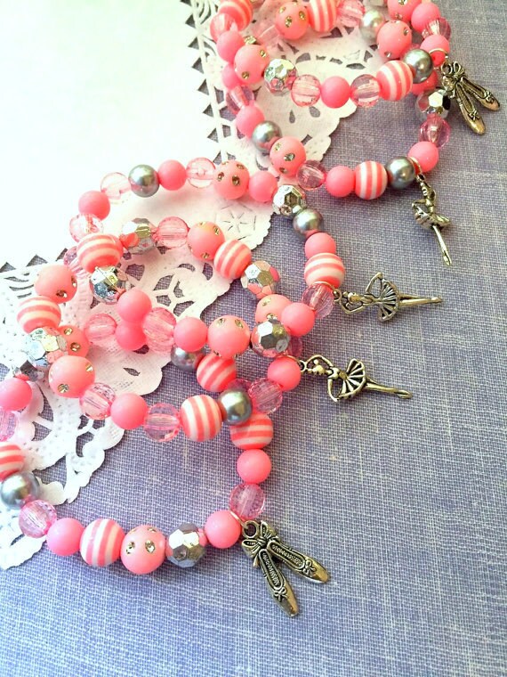 Kids, stretchy, bracelet, dancer, dancing, pink, silver. Set of TEN. Il_570xn