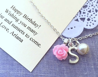 BIRTHDAY, children necklace, rose, flower, initial, personalized, comes with personalized card and JEWELRY box.