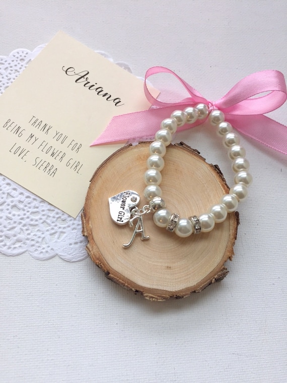 Ribbon bracelet, stretchy pearl bracelet, Flower girl jewelry, kids bracelet initial bracelet, personalized. Comes with card, bag. Il_570xn