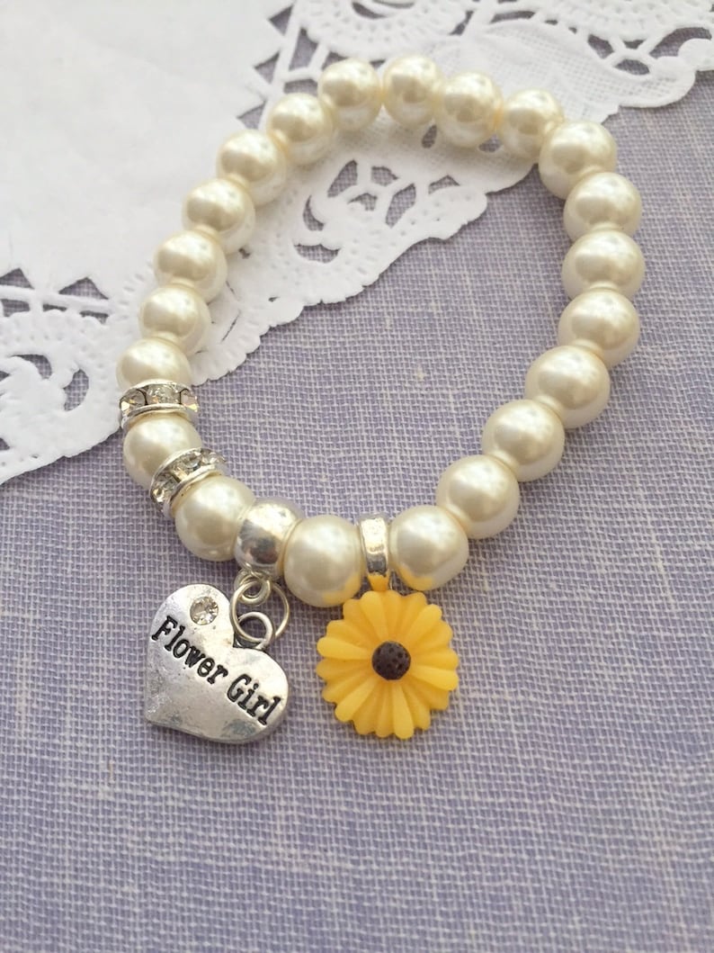 Sunflower, sun flower, stretchy, flower girl, flowergirl, pearl, bracelet. CHILD sized. image 2