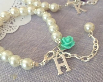 Pearl, Flower Girl, bracelet, adjustable, personalized, initial bracelet. Choose rose.