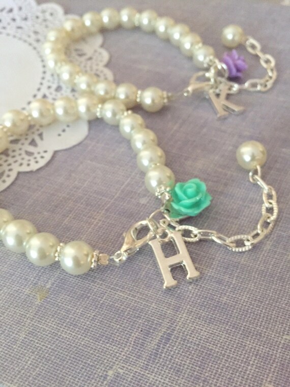 Pearl, Flower Girl, bracelet, adjustable, personalized, initial bracelet. Choose rose. Il_570xn