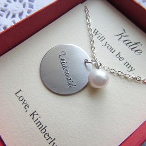 Ask Bridesmaid, Bridal Party Gift, Handstamped necklace. Other Color Pearl Available. FREE Notecard Jewelry Box. image 2