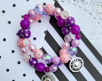 Princess party, princess crown, tiara, children jewelry, kids birthday party favor, loot bag, beaded bracelet, pink, SET of TEN.