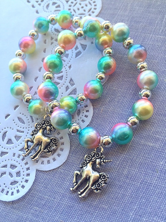 Unicorn rainbow birthday party favor, SET of SEVEN, unicorn bracelet, marble beads, unicorn jewellery, unicorn jewelry, jewelry favor. Il_570xn