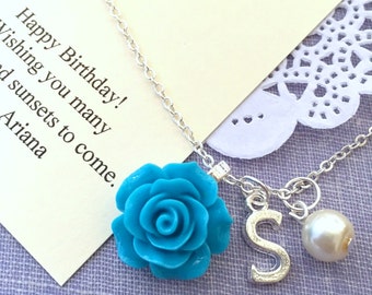 Rose, initial, pearl, BIRTHDAY necklace. Comes with FREE personalized Notecard, Jewelry Box.