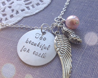 Too beautiful for earth, angel wing, peanut, birthmonth pearl, loss, remembrance necklace.