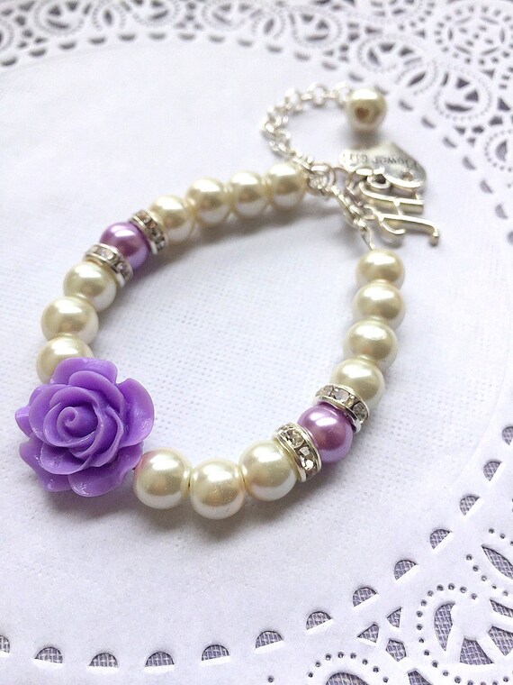 Purple Flower girl bracelet, adjustable bracelet, ivory pearl, flower girl, flowergirl, rose, flower bracelet, personalized bracelet. Il_570xn