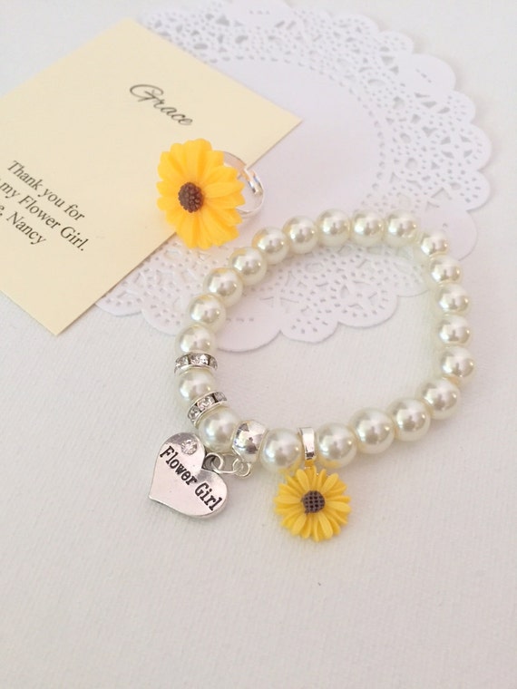 Sunflower, sun flower, RING and BRACELET set, kids, flower girl, flowergirl. Comes with jewelry box and card. Il_570xn